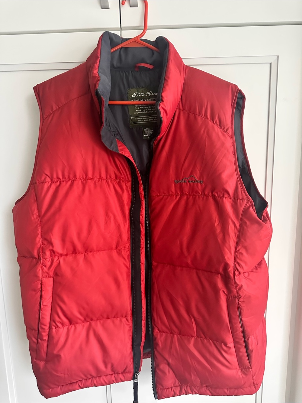 Eddie Bauer Men’s Red Puffer Goose Down Vest with Dark Gray Lining - Picture 3 of 8